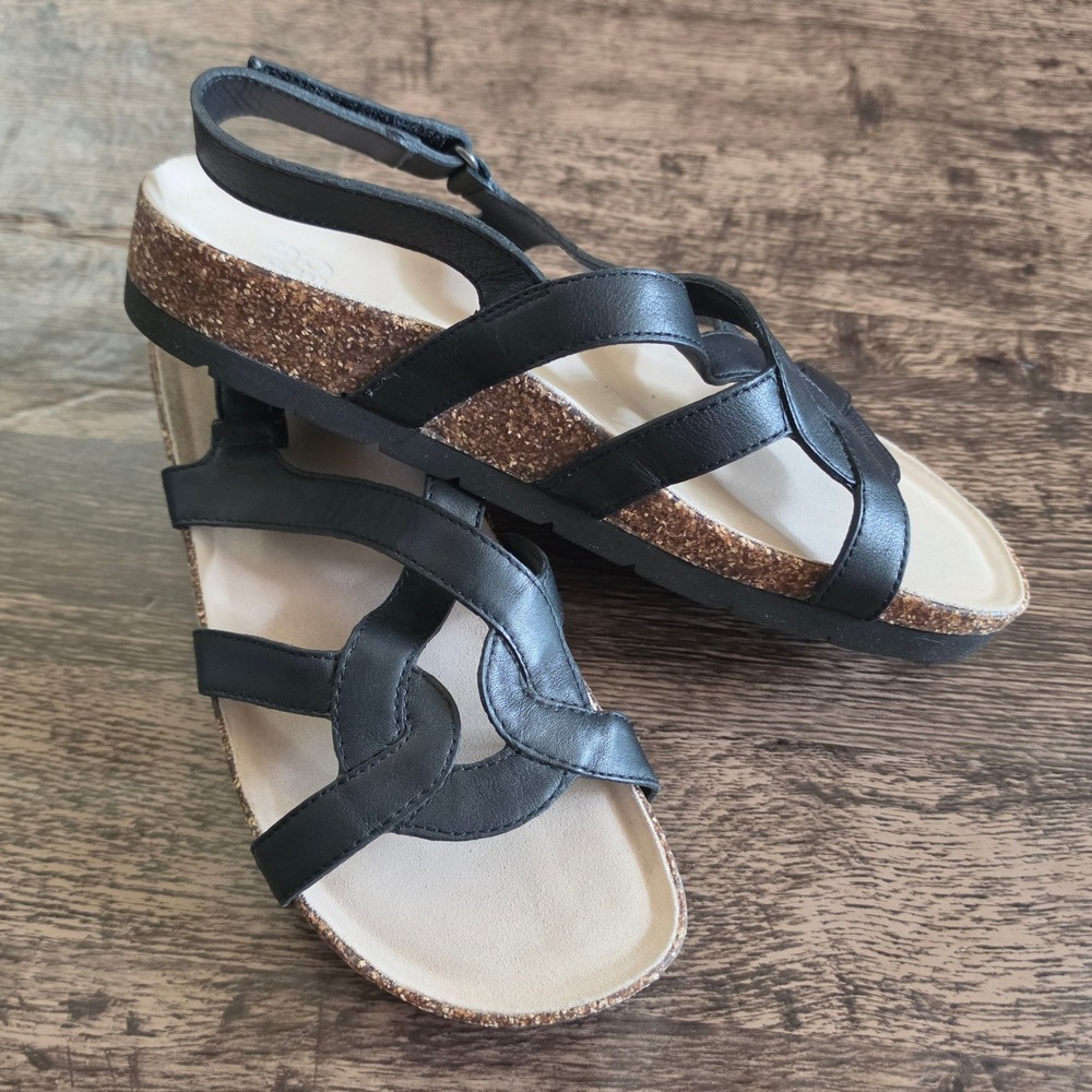 ABEO Lacy Sandals Womens 10 Black Leather Strappy Cork Wedge Slingback 2904
